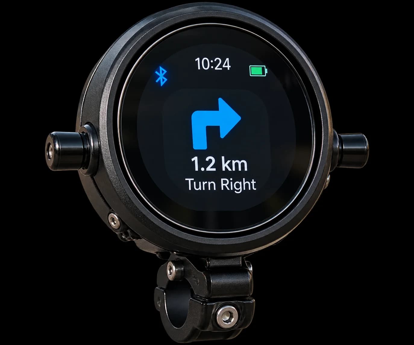Close-up of the navigation pod screen showing 1.2 km, turn right