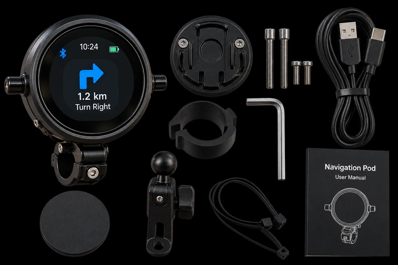 Navigation pod with its mounts, screws, cable and manual laid out