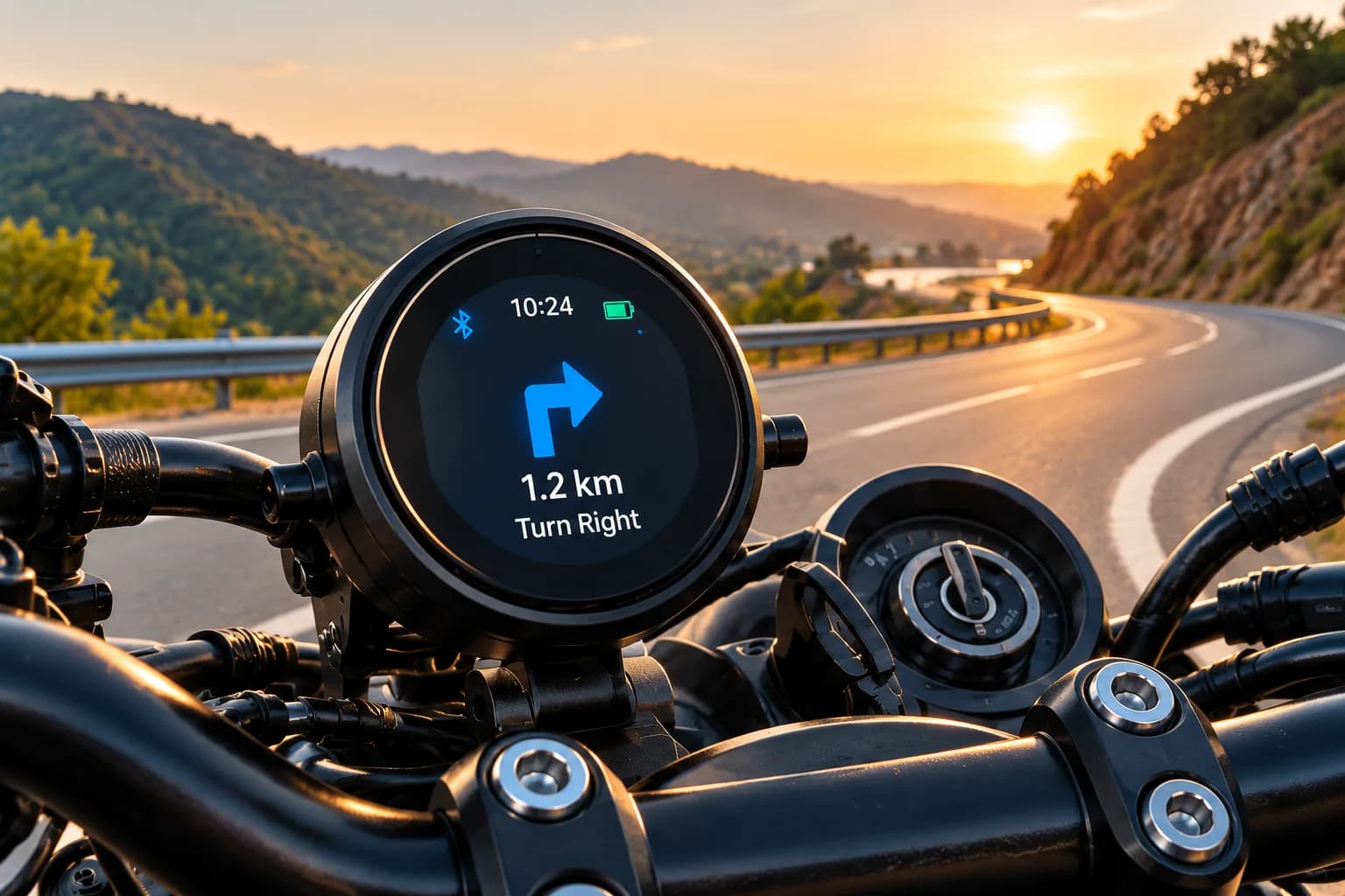 Tripper navigation pod on a motorcycle handlebar showing a turn-right arrow